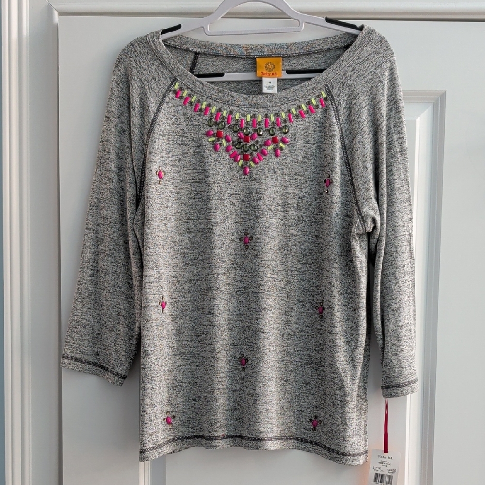 Ruby Rd. Gray Long Sleeve Top with Pink Accents